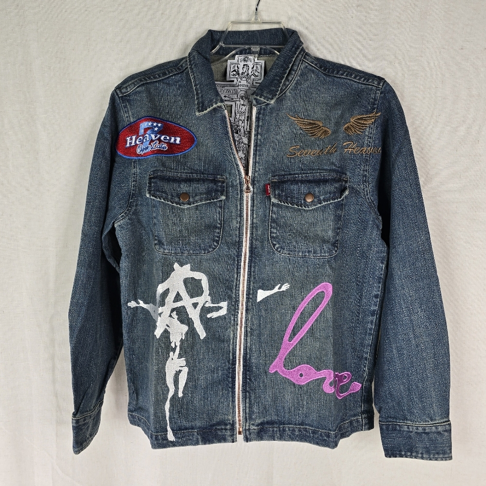 Seventh Heaven Patches Denim Jacket Men’s Small New NWOT Blue Trucker